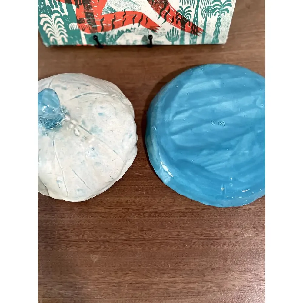Handmade Studio Pottery Pumpkin Lidded Dish Turquoise Blue White Signed
